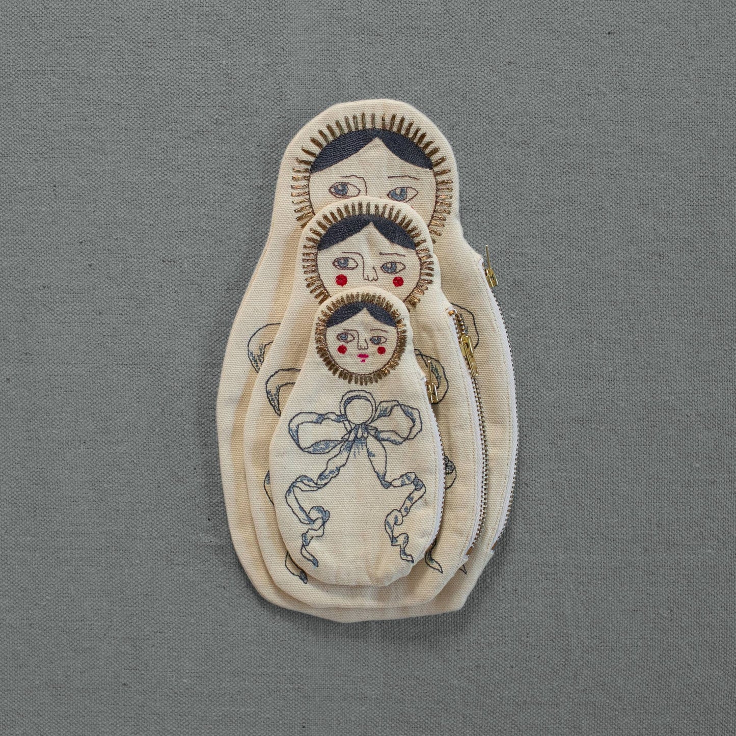 Nesting Doll Pouch Set, 3 Embroidered Zip Pouches