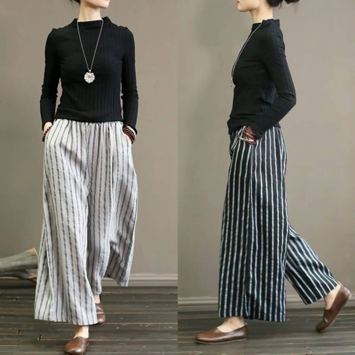 Striped Casual Straight Leg Cropped Trousers