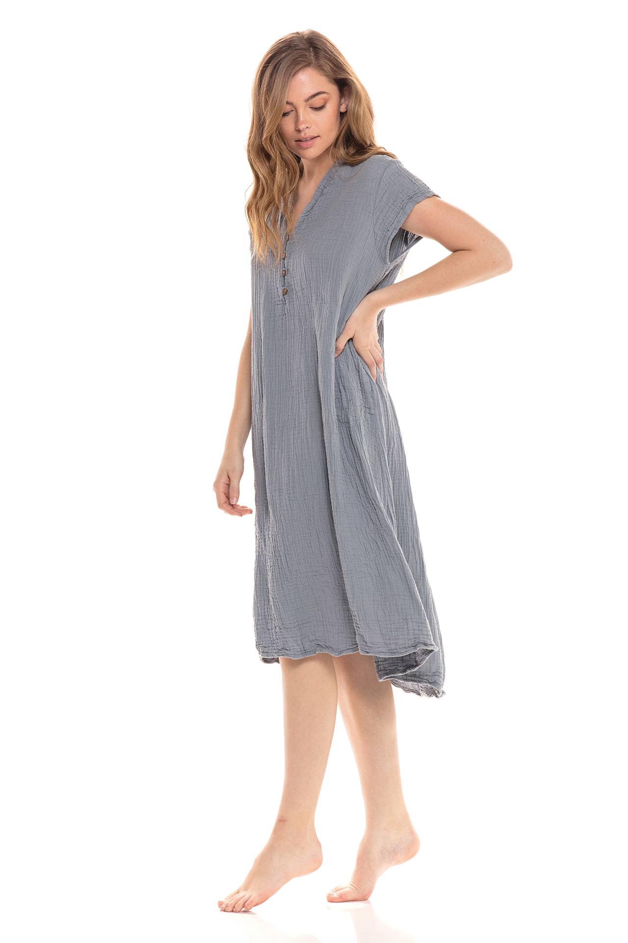 Crinkle Cotton Cap Sleeve V-Neck Dress-04498 (S/M, L/X)