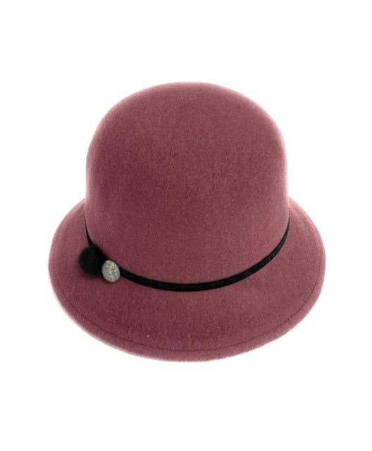 23S-0826 Wool Felt Cloche Hat with Fur/Button Accent
