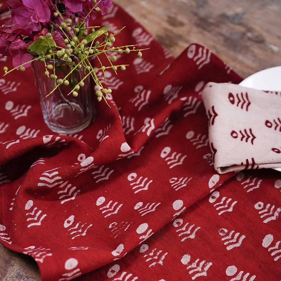 Red Block Print Hand Woven Cotton Table Runner | Genda Phool