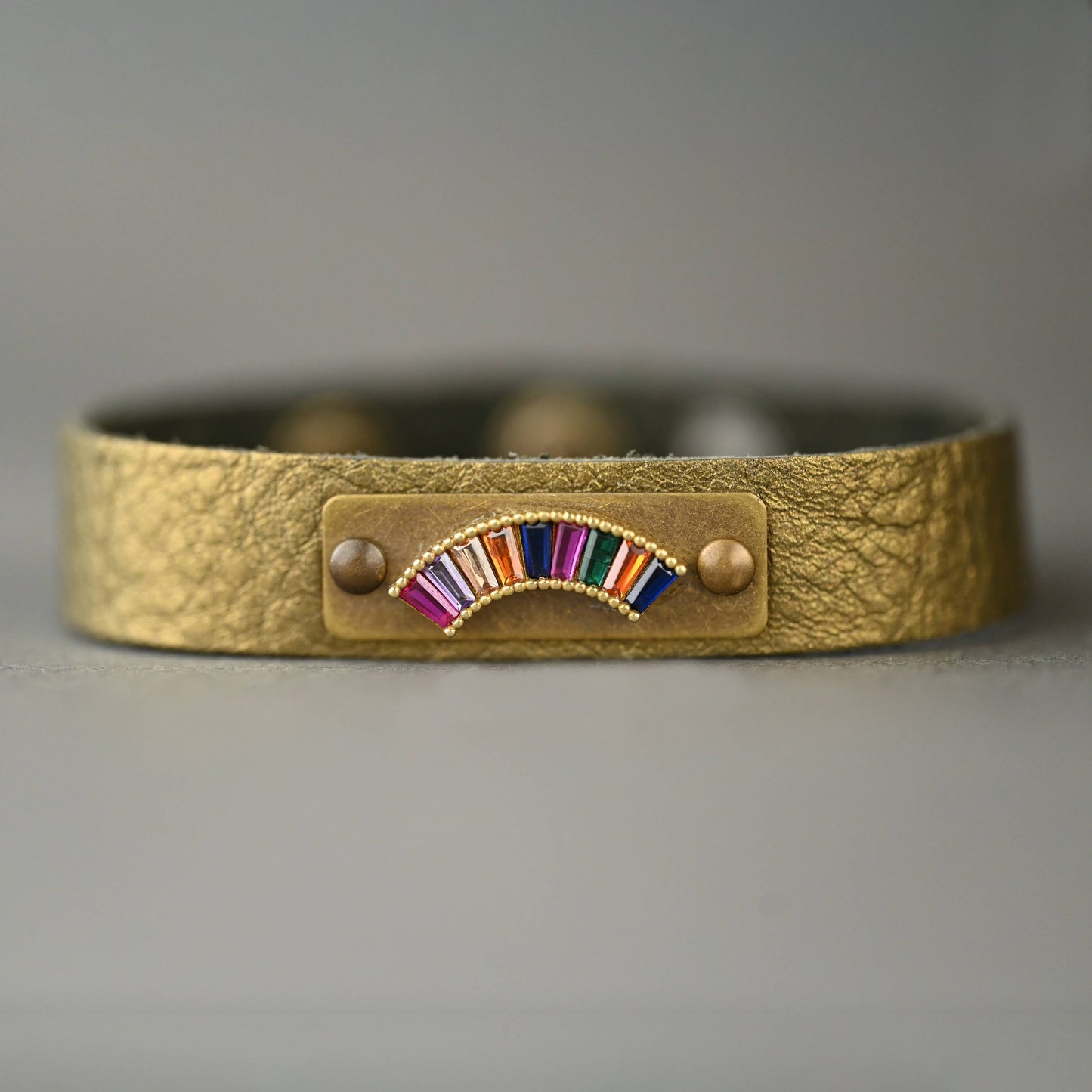 Leather Stacker Cuff w/ Brass Rainbow & Colorful Crystals