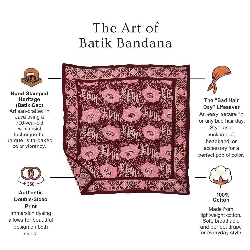 Hand Dyed Batik Bandana, Pink Corpse Flower, Giant Padma, Red, Pink