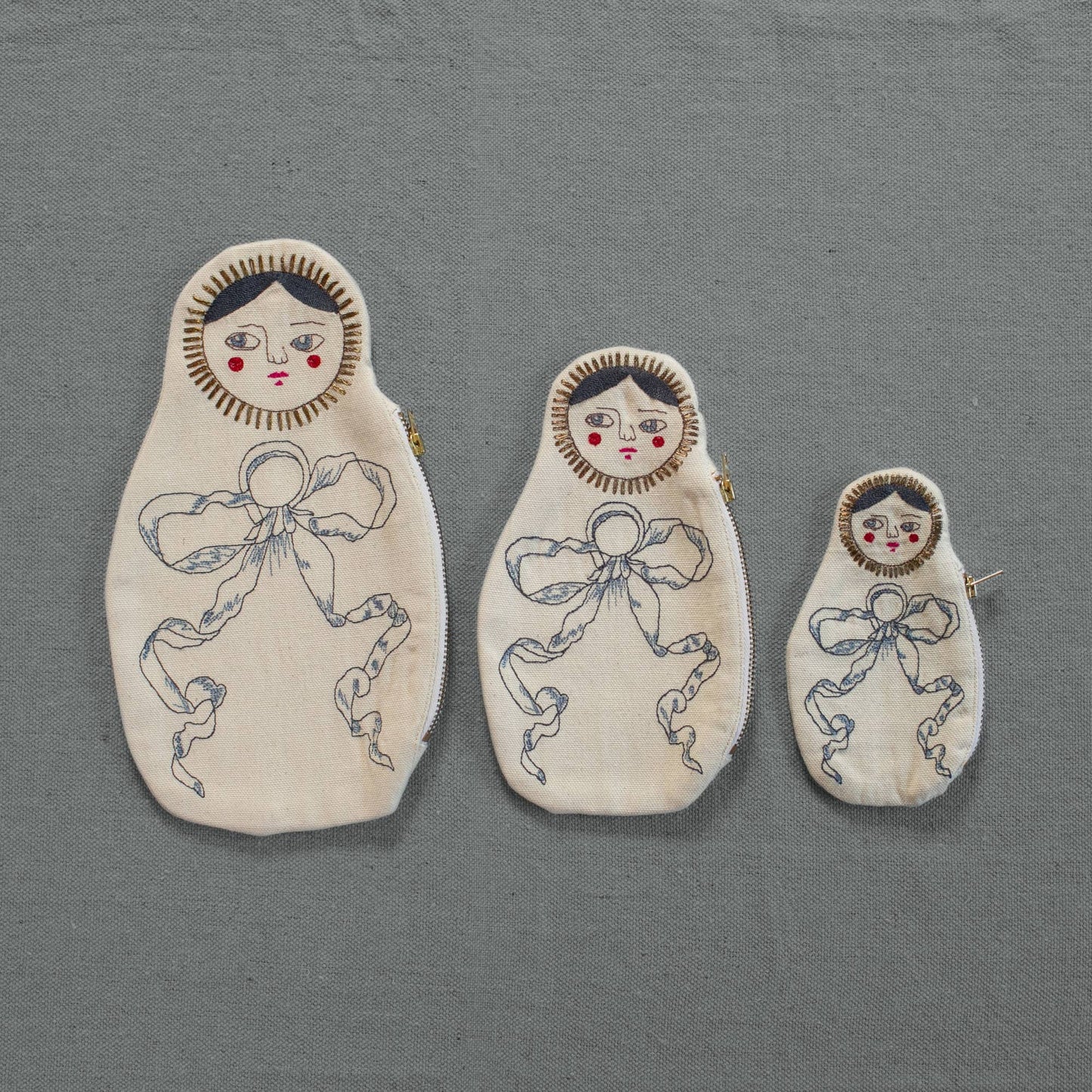Nesting Doll Pouch Set, 3 Embroidered Zip Pouches