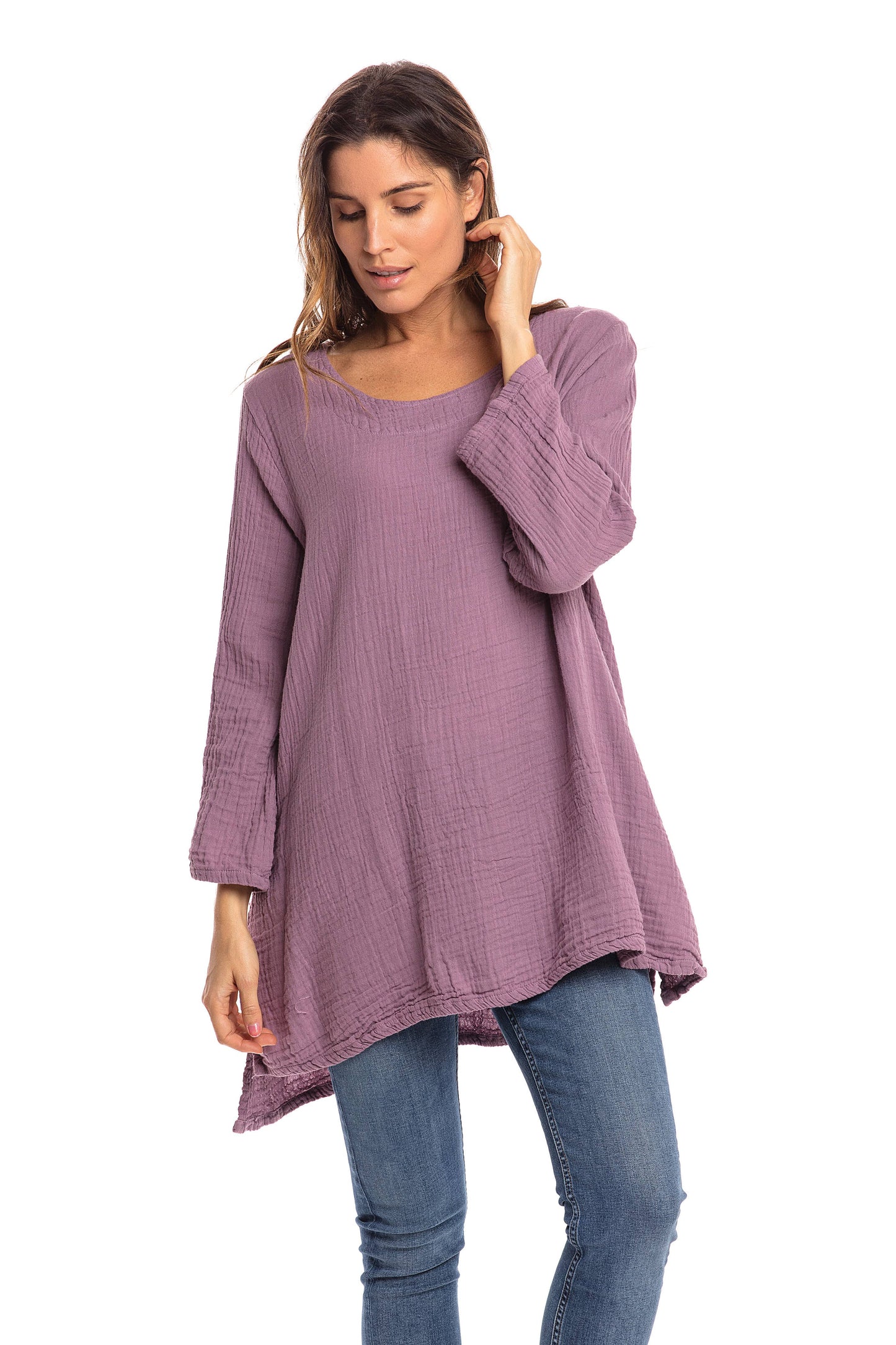 Crinkle Cotton Long Sleeve Tunic-03477 (S/M, L/X, XXL)