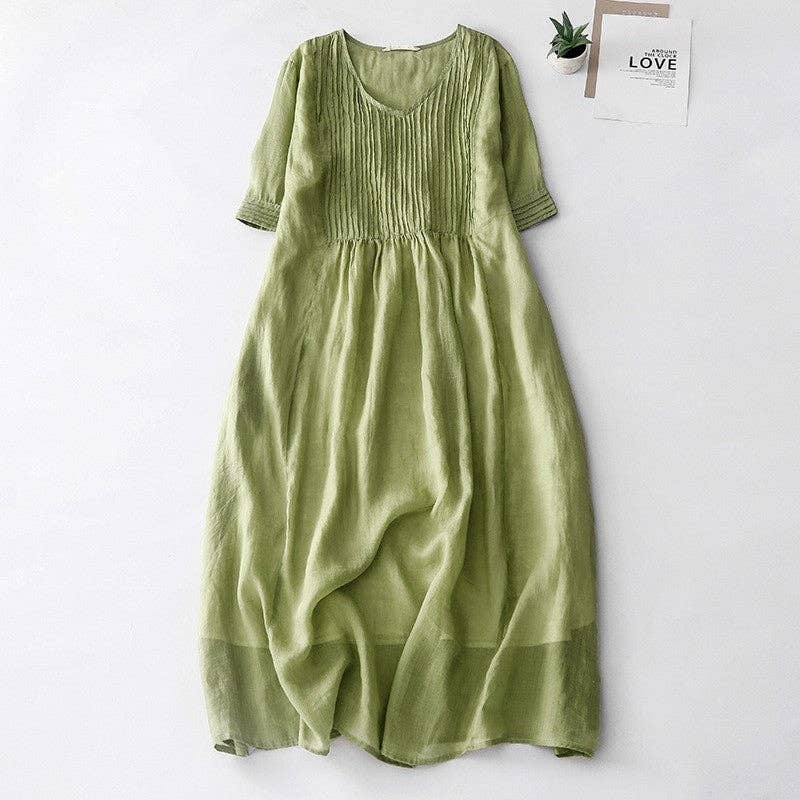 Solid Color V-Neck Pleated Dress With Lining