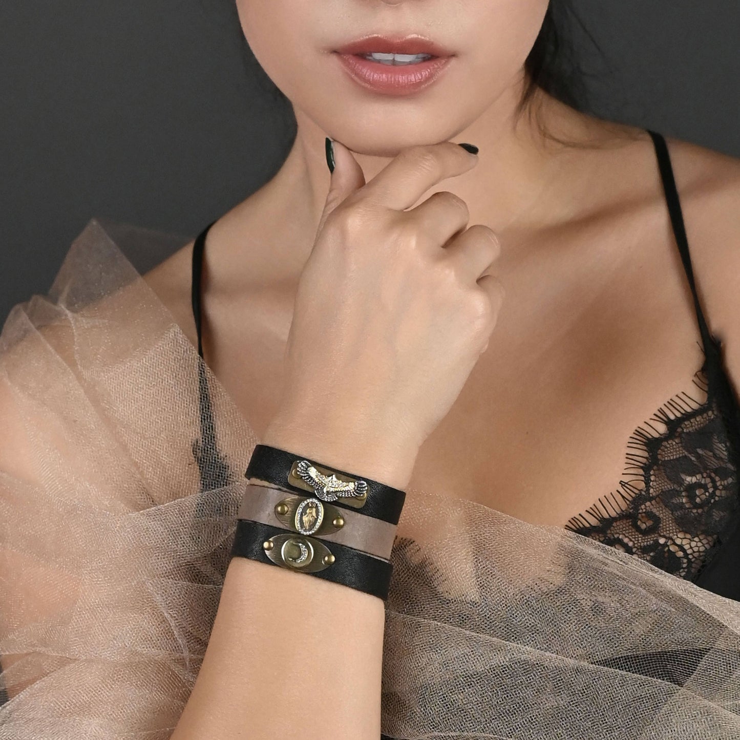 Leather Stacker Cuff w/ Brass Rainbow & Colorful Crystals