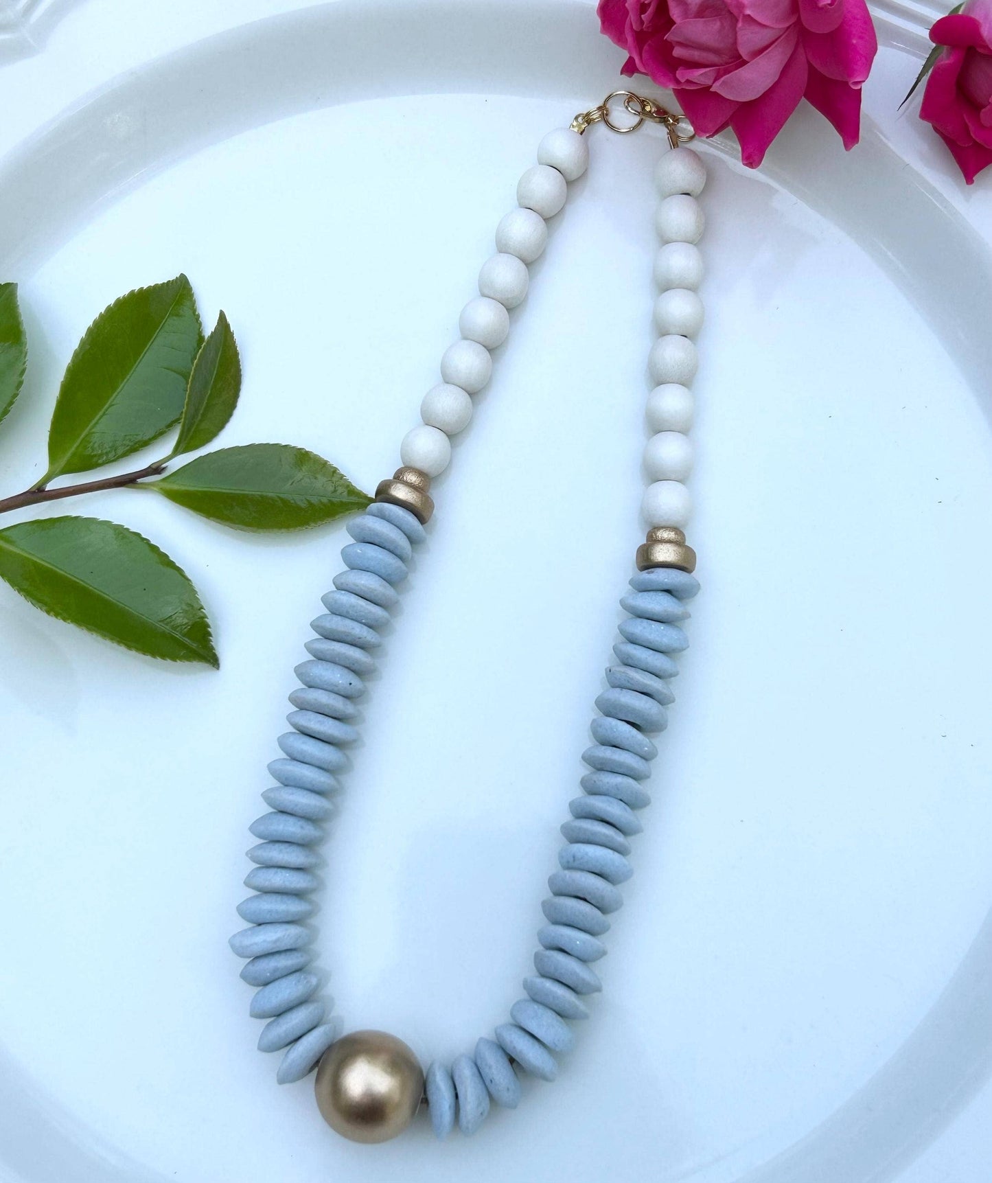 Baby blue and white beaded statement necklace UNC game day