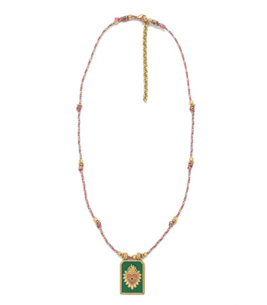 Gold and Green/Pink Flaming Heart Cord Necklace - N2-2602