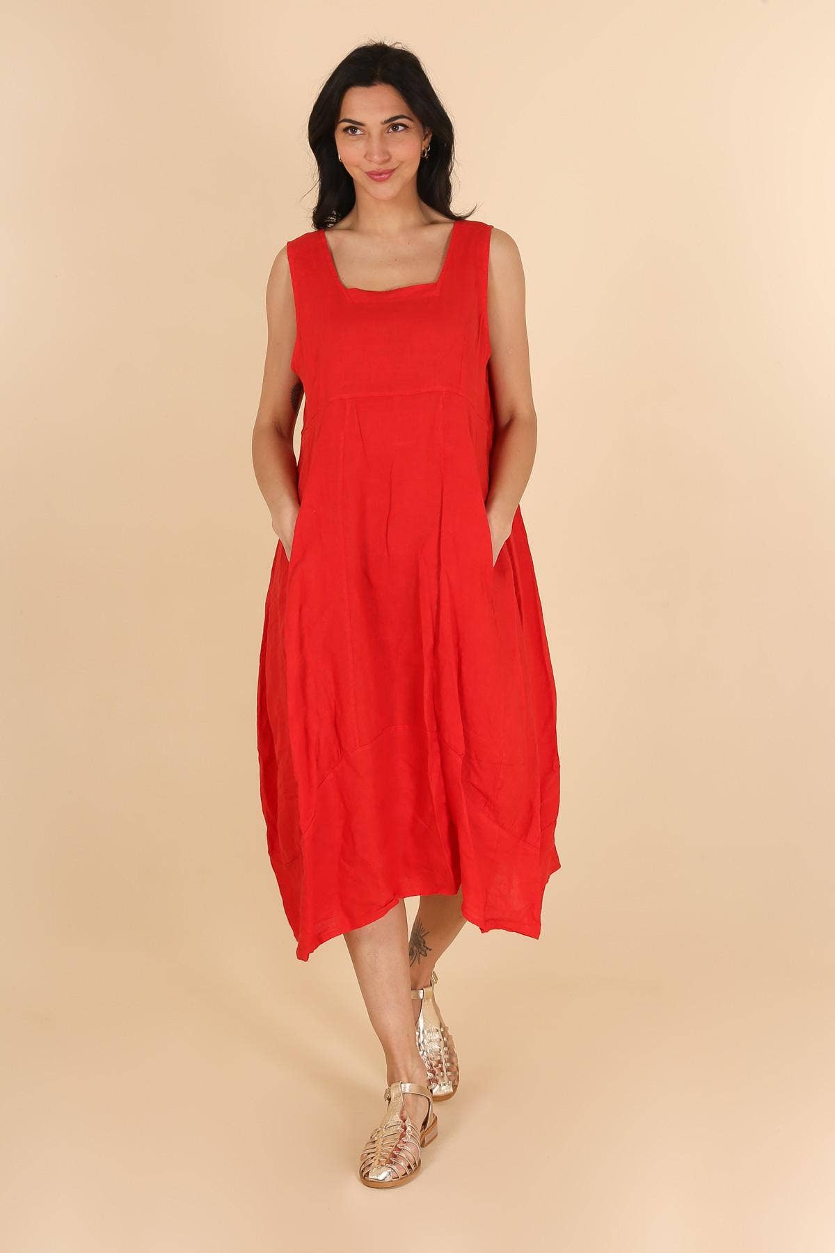322 Solid women's linen dress with pocket