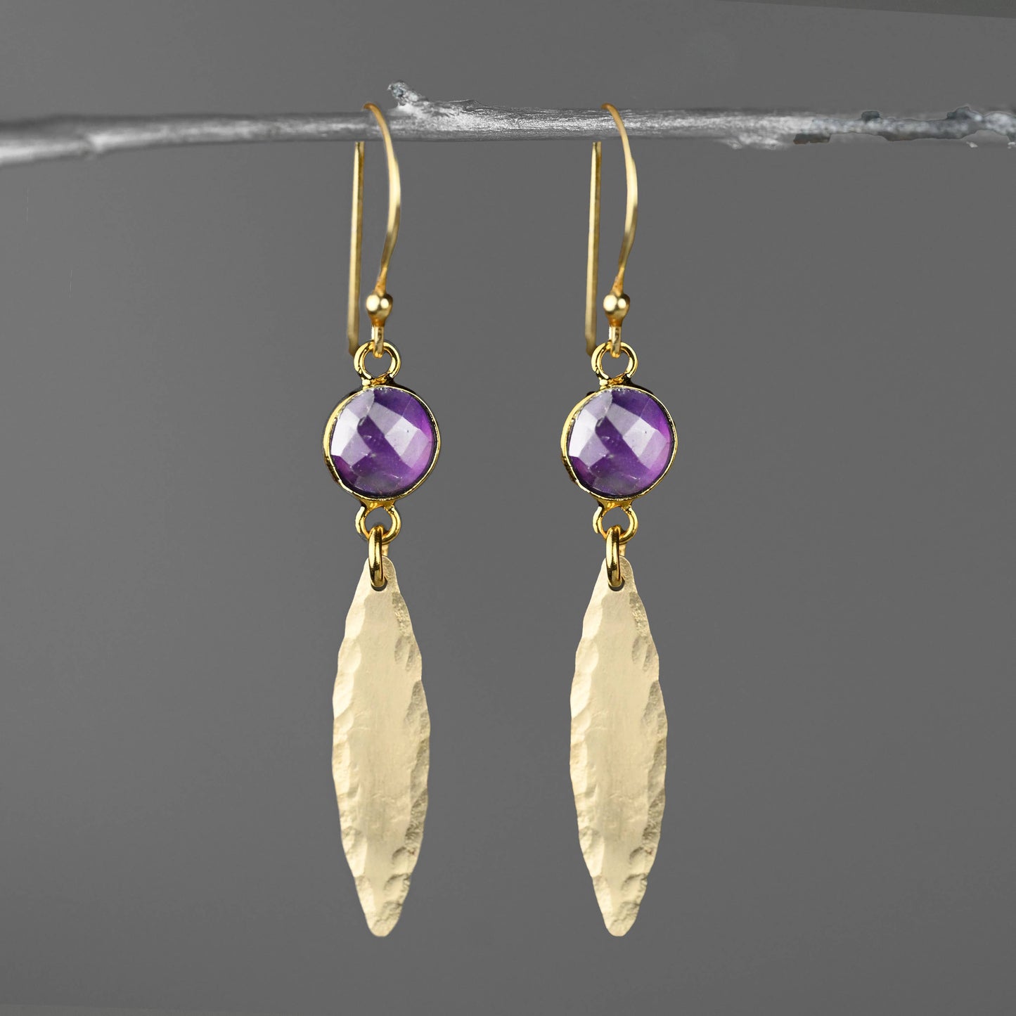 Brass Hammered Marquise w/ Semi Precious Earrings