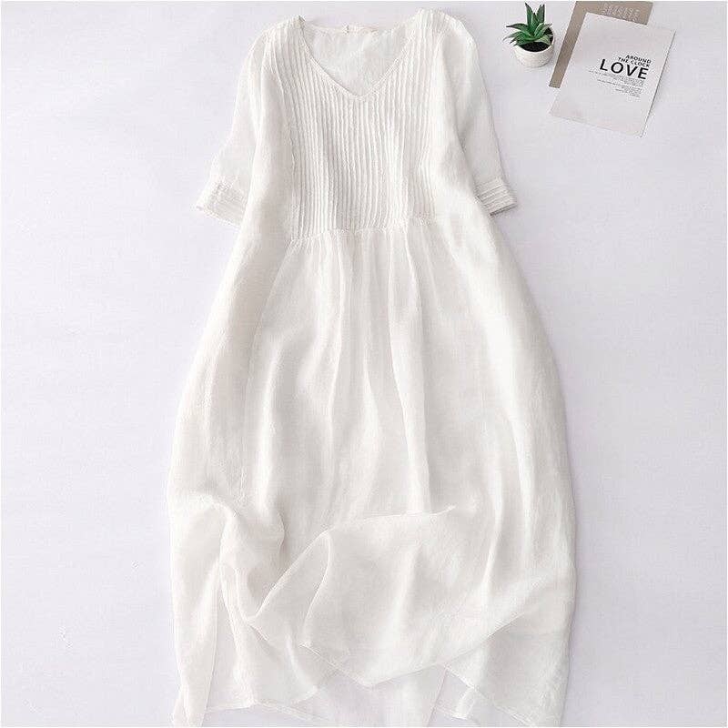 Solid Color V-Neck Pleated Dress With Lining