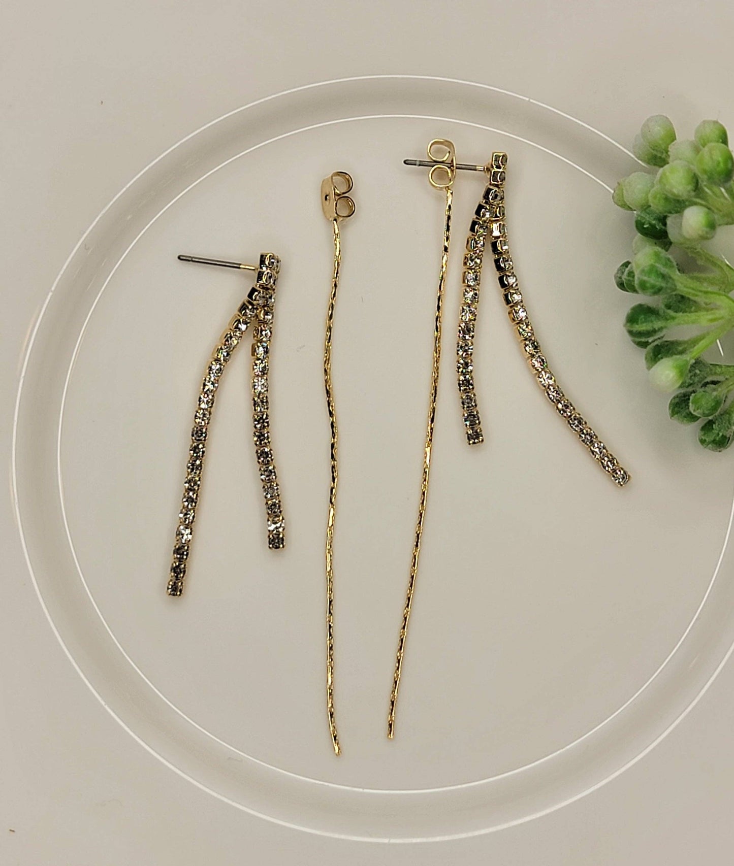 Back Drop Chain W/ Long Dangle Rhinestone Earrings