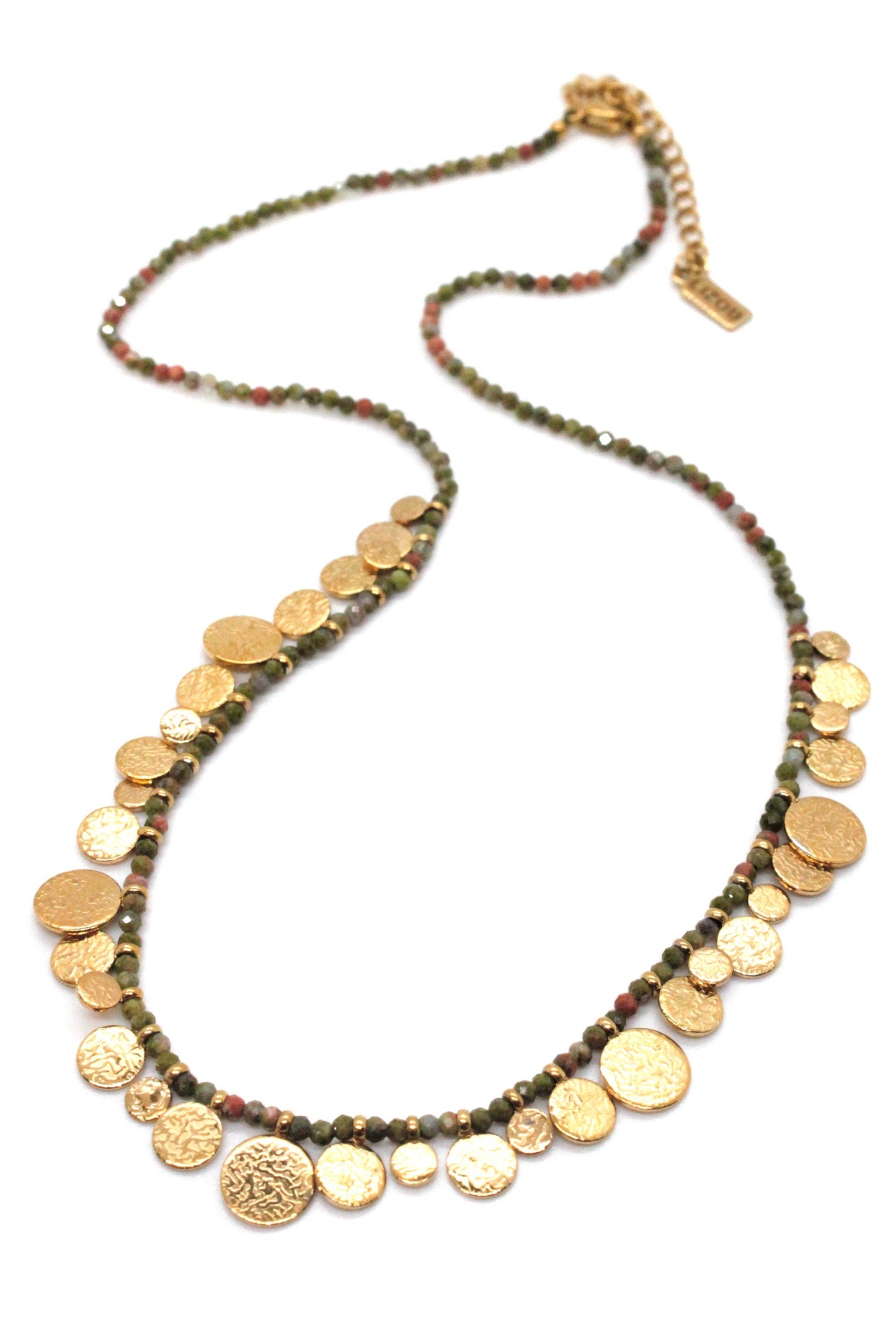 Short Mini Gold Disc Charm Unakite Necklace - N2-2612U