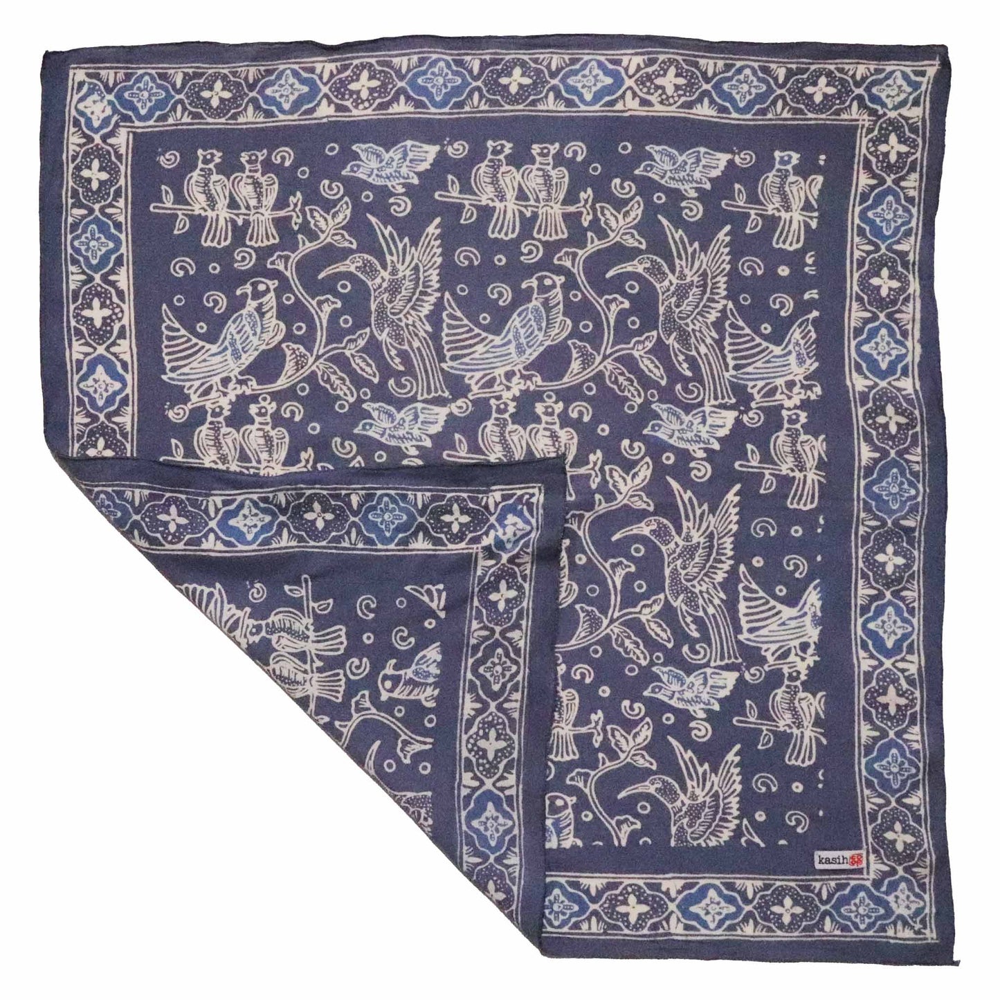 Hand Dyed Batik Bandana, 100% Soft Cotton, Bird Song, Gray, Grey, Blue