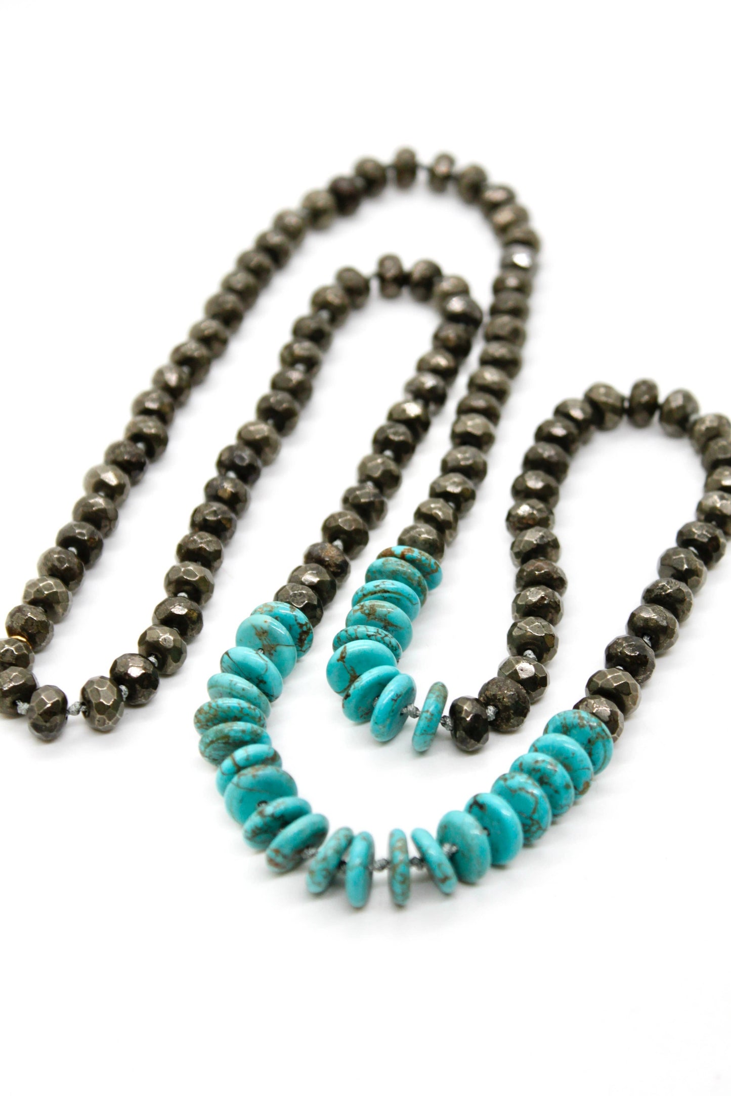 Hand-Knotted Thin Turquoise and Pyrite Beaded Necklace - NL-PYT