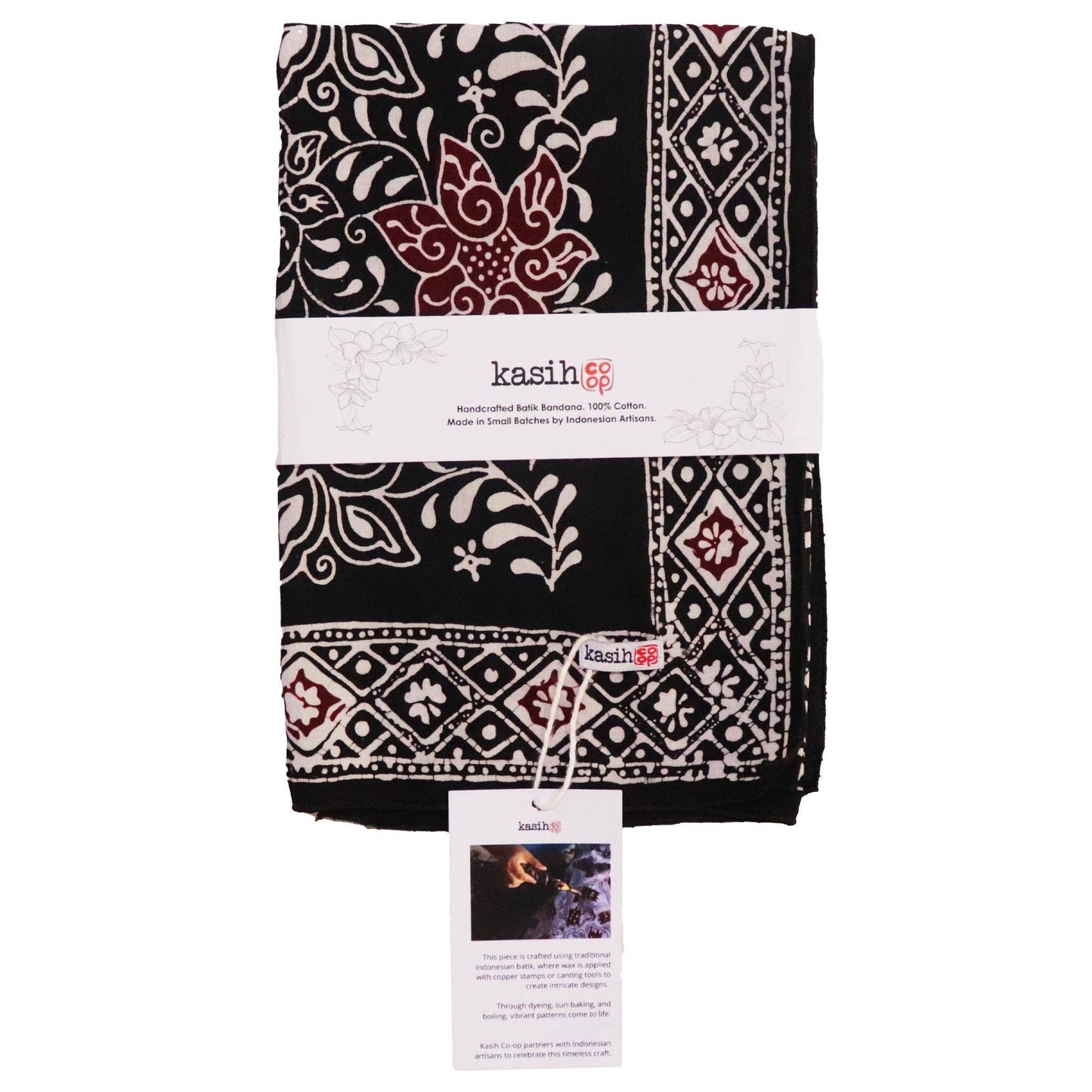 Hand Dyed Batik Bandana Black Red 100% Cotton Stamped Soft