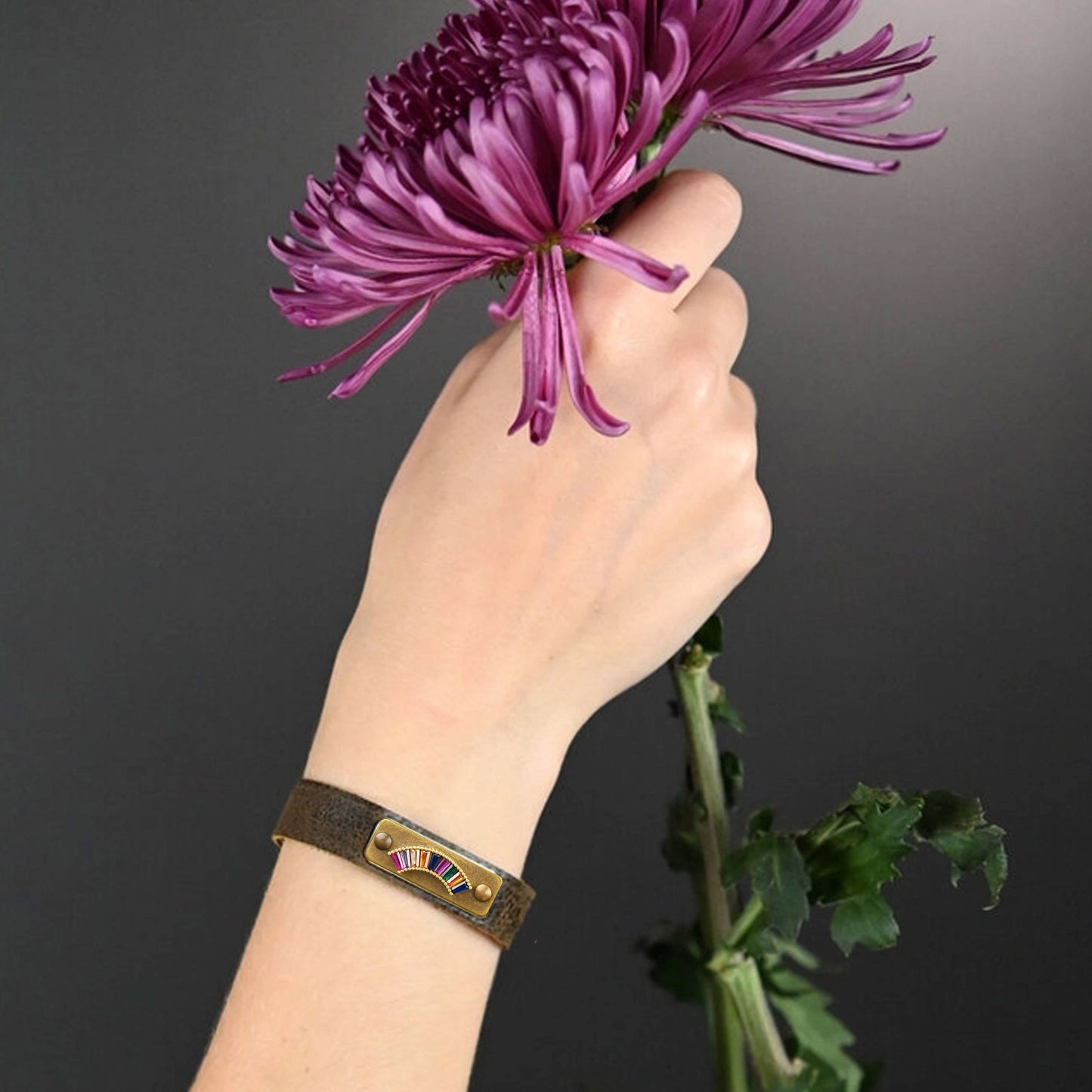Leather Stacker Cuff w/ Brass Rainbow & Colorful Crystals