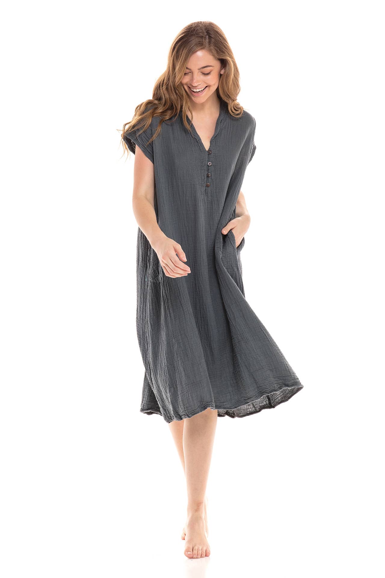 Crinkle Cotton Cap Sleeve V-Neck Dress-04498 (S/M, L/X)