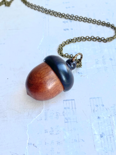 Acorn Locket Necklace Wood Acorn Keepsake Box 22 inch chain