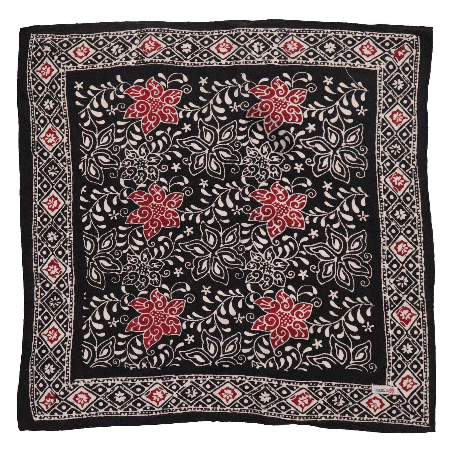 Hand Dyed Batik Bandana Black Red 100% Cotton Stamped Soft