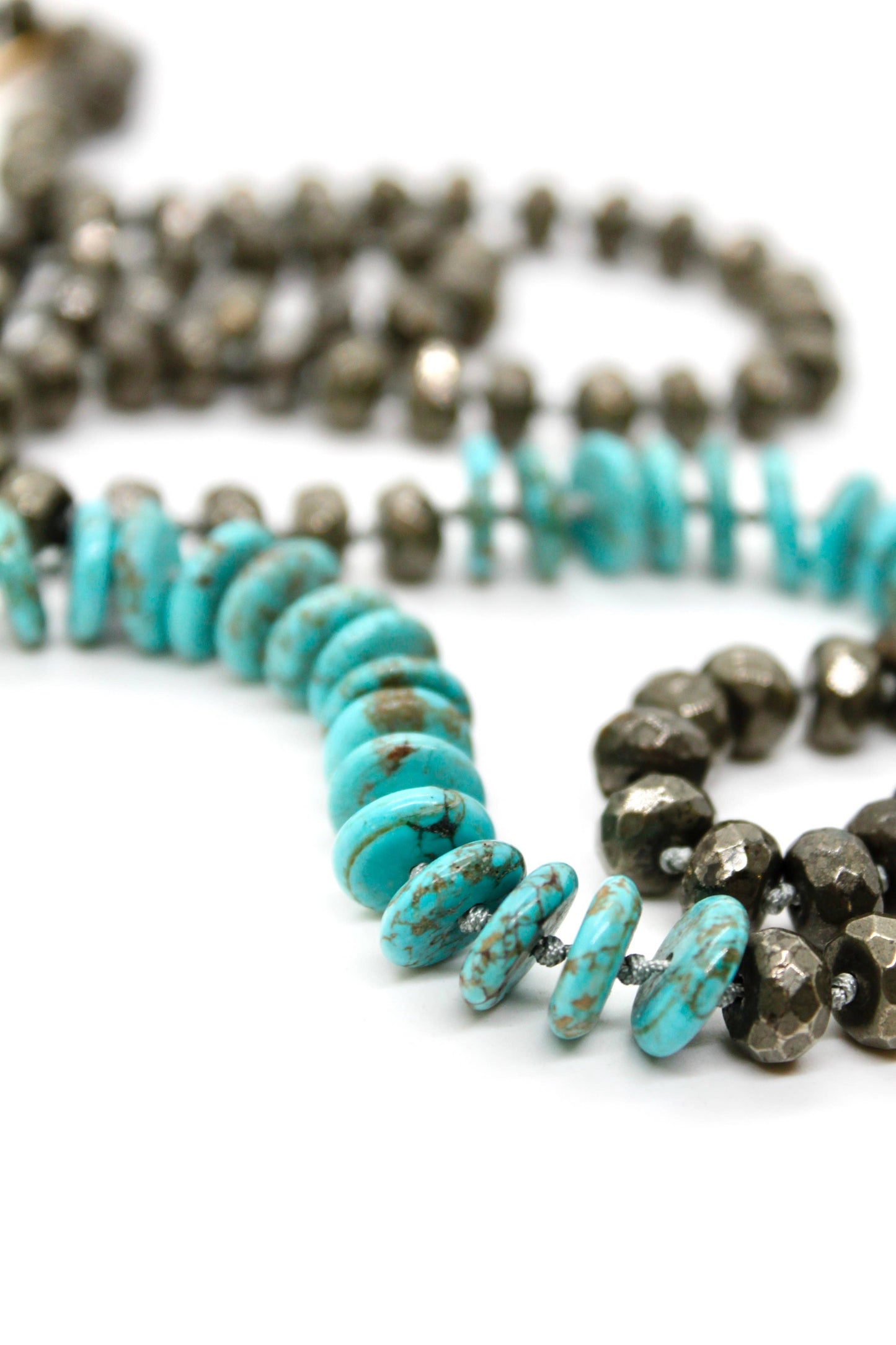 Hand-Knotted Thin Turquoise and Pyrite Beaded Necklace - NL-PYT