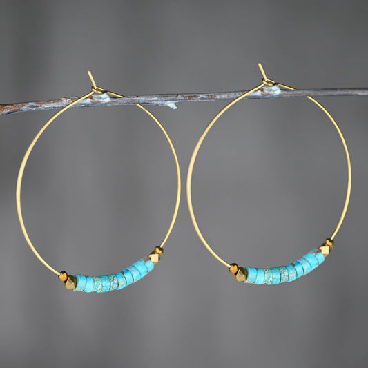 50mm Brass Hoops w/ Turquoise Jasper Earrings
