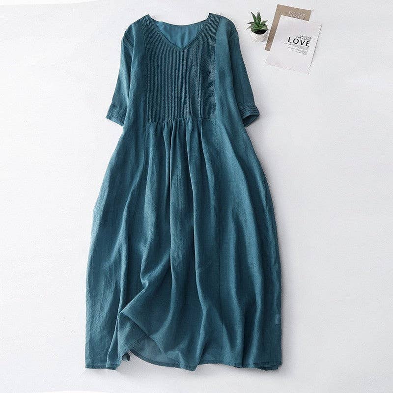 Solid Color V-Neck Pleated Dress With Lining