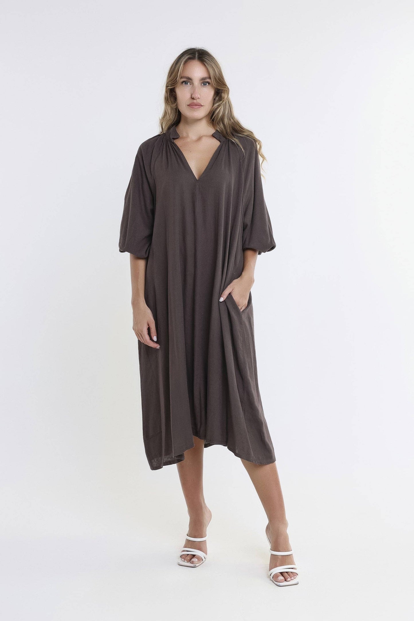 Katrina Blouson Sleeve Linen Dress (DLS103)