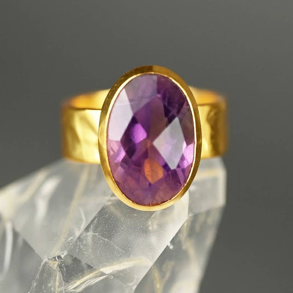 Amethyst Oval Ring on a Hand Hammered Golden Band