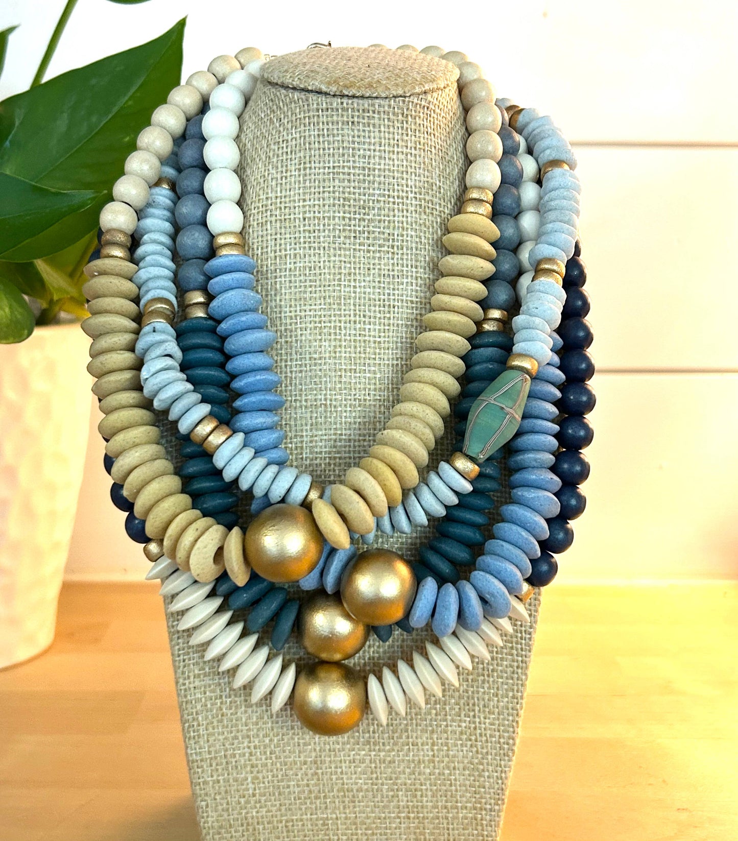 UNC blue  beaded statement necklace baby blue necklace