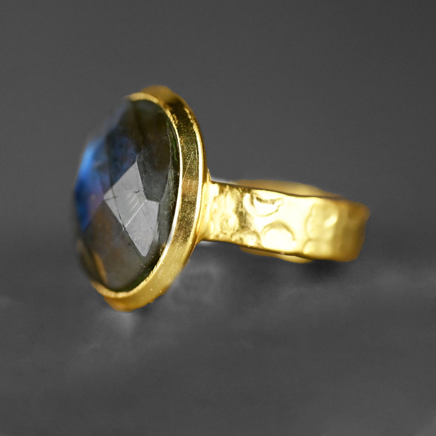 Labradorite Oval Ring on a Hand Hammered Golden Band