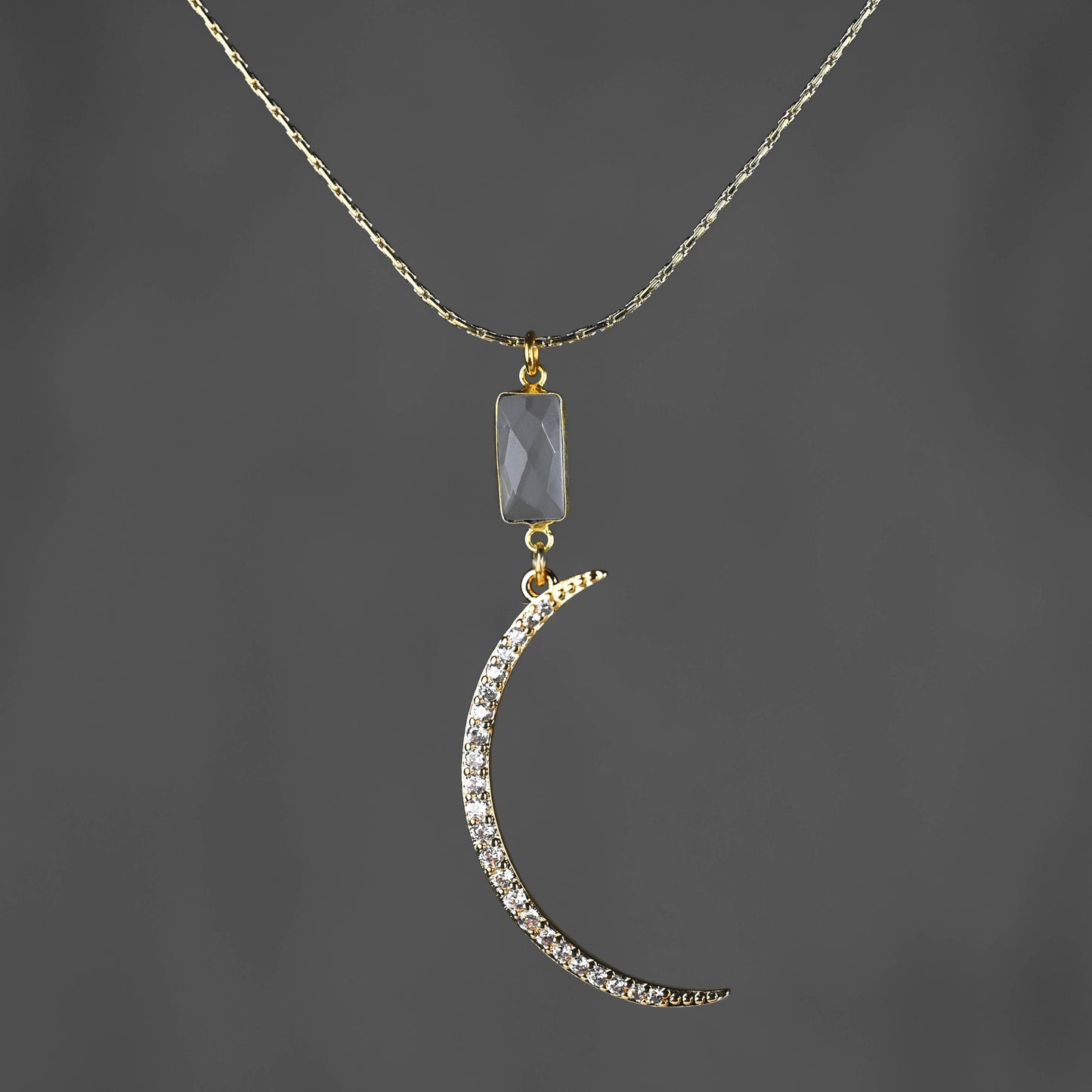 Pave Moon and Crystal Quartz Necklace