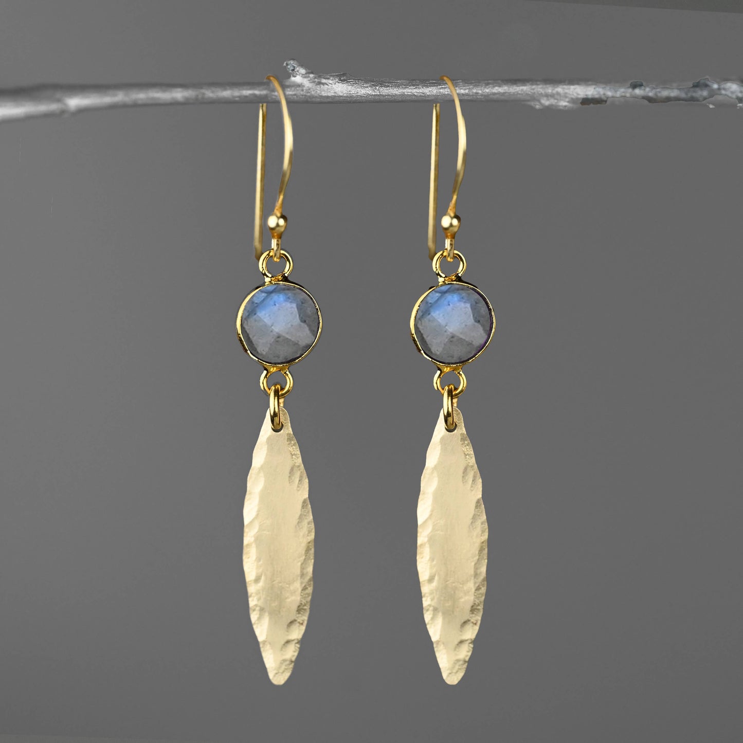 Brass Hammered Marquise w/ Semi Precious Earrings