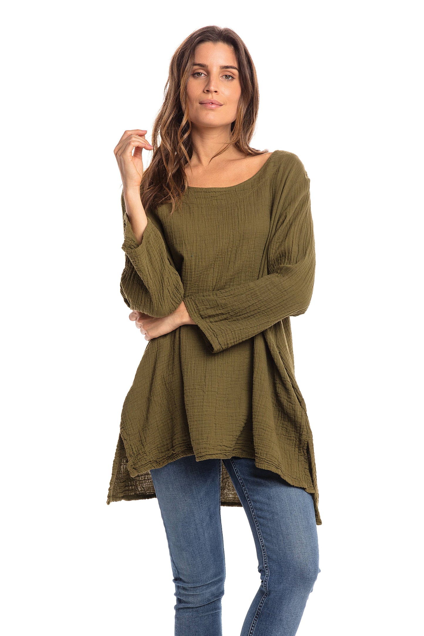 Crinkle Cotton Long Sleeve Tunic-03477 (S/M, L/X, XXL)