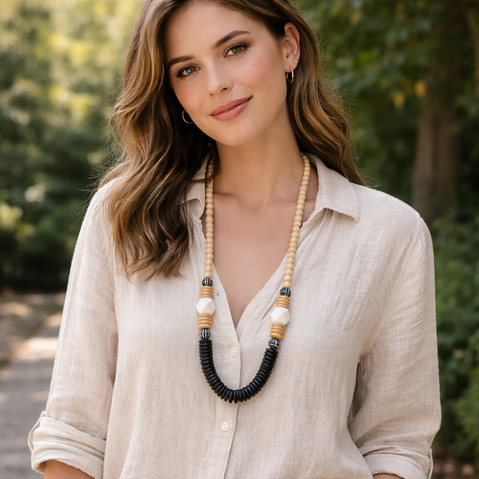 Statement necklace wood beaded black and white chunky