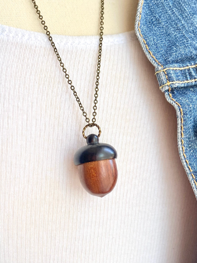 Acorn Locket Necklace Wood Acorn Keepsake Box 22 inch chain