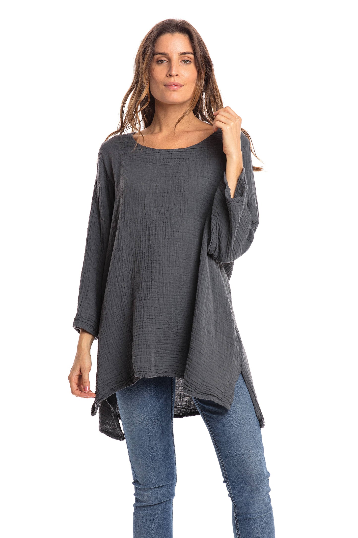 Crinkle Cotton Long Sleeve Tunic-03477 (S/M, L/X, XXL)