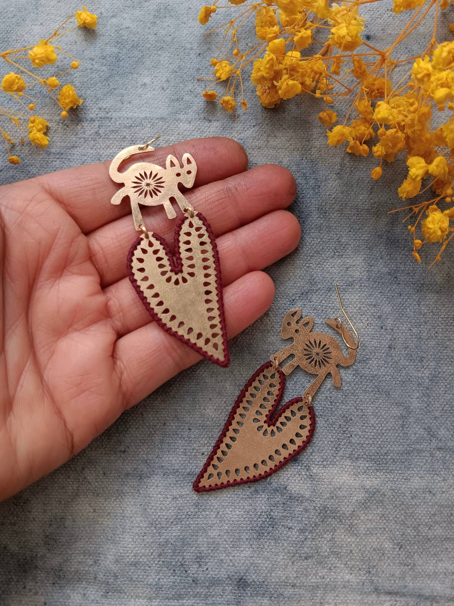 Handmade brass fox heart earrings, symbolic bohemian jewelry