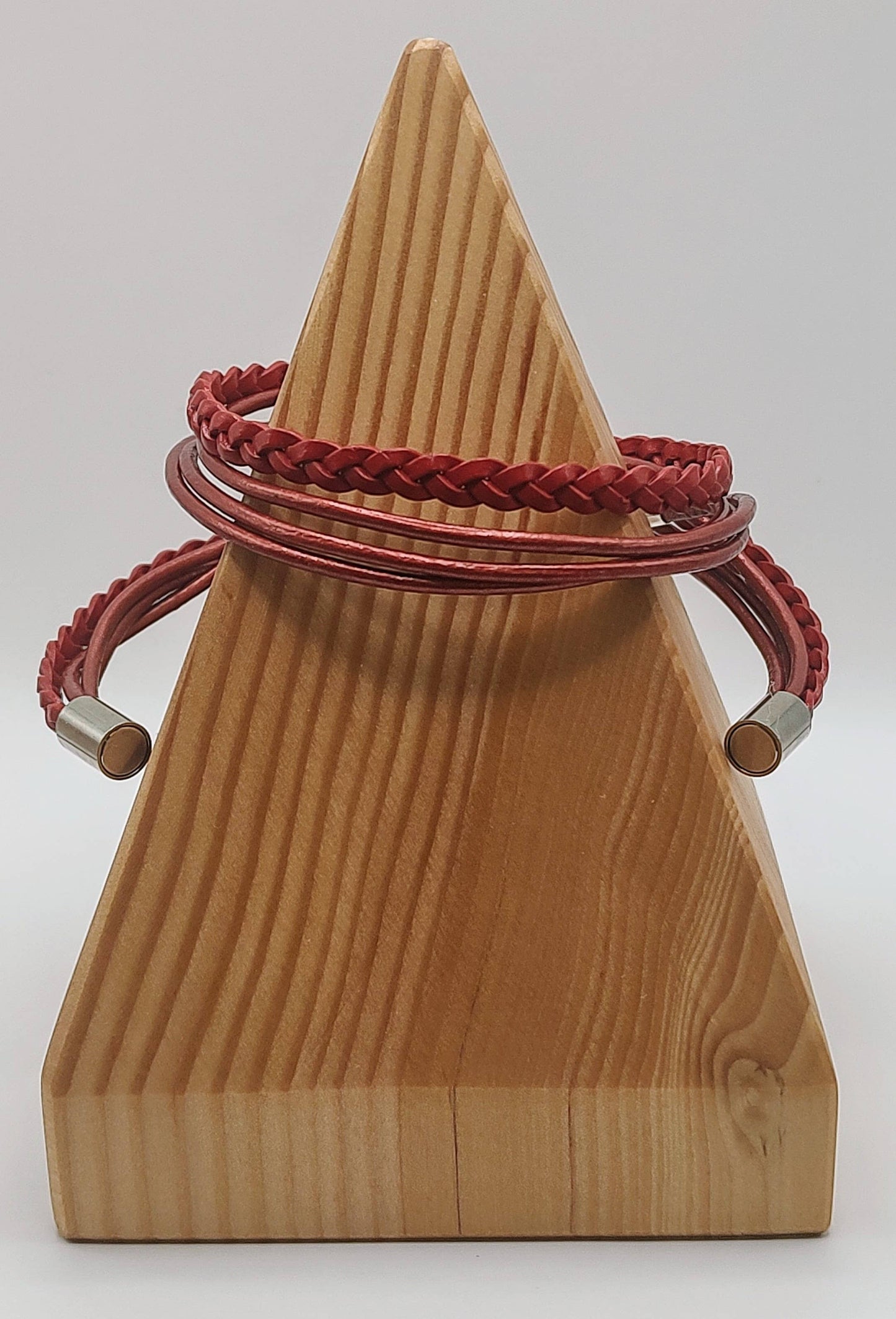 Metallic Red Braided Leather Wrap Bracelet