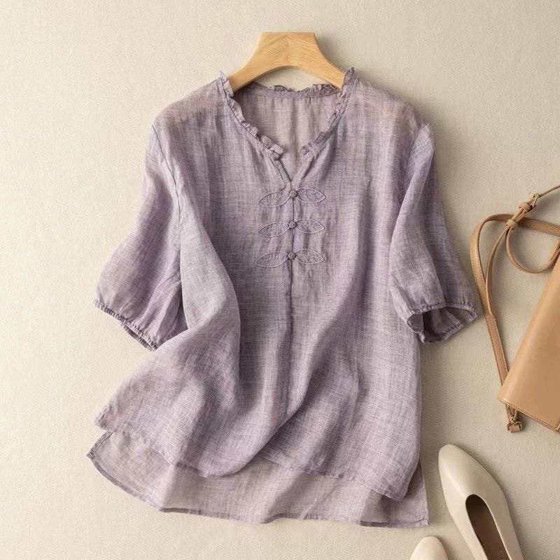 Women's Organic Cotton  V-Neck Short Sleeve Loose Shirt
