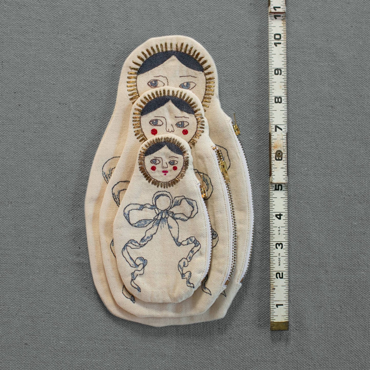 Nesting Doll Pouch Set, 3 Embroidered Zip Pouches