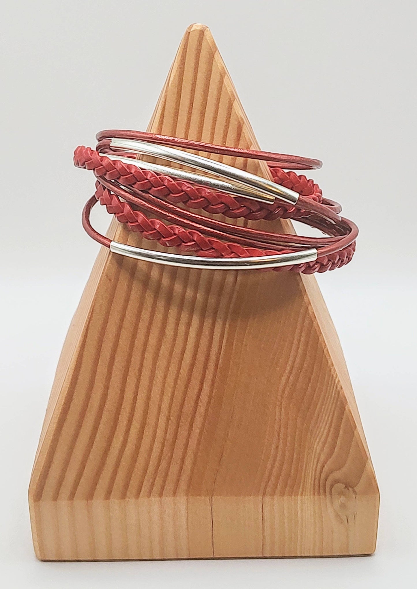 Metallic Red Braided Leather Wrap Bracelet