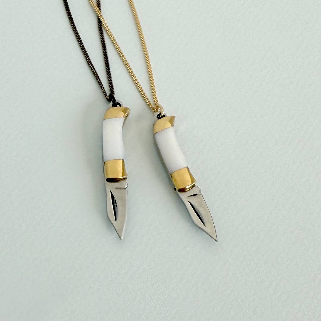 Tiny Pearl Handle Knife on Brass Chain Necklace