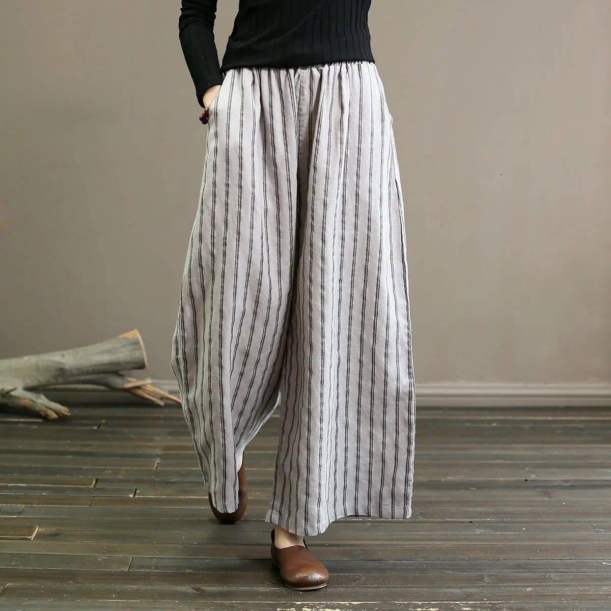 Striped Casual Straight Leg Cropped Trousers