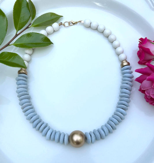 Baby blue and white beaded statement necklace UNC game day