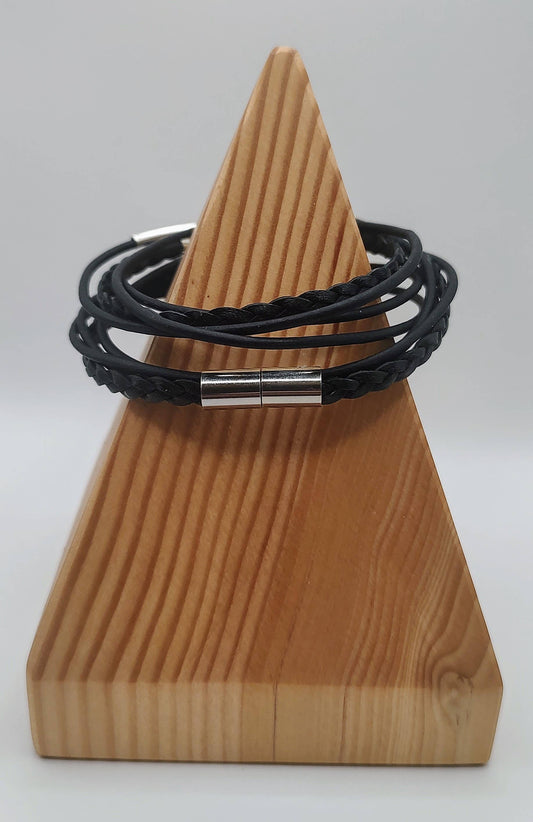 Double Black Braided Leather Wrap Bracelet