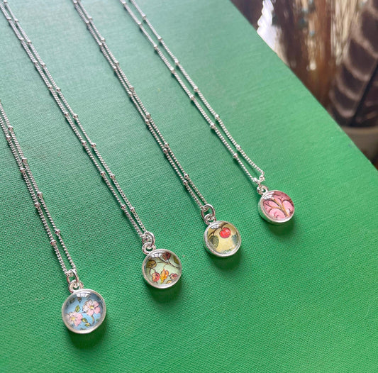 Tiny silver necklace  - four seasons, trees, flowers, apple