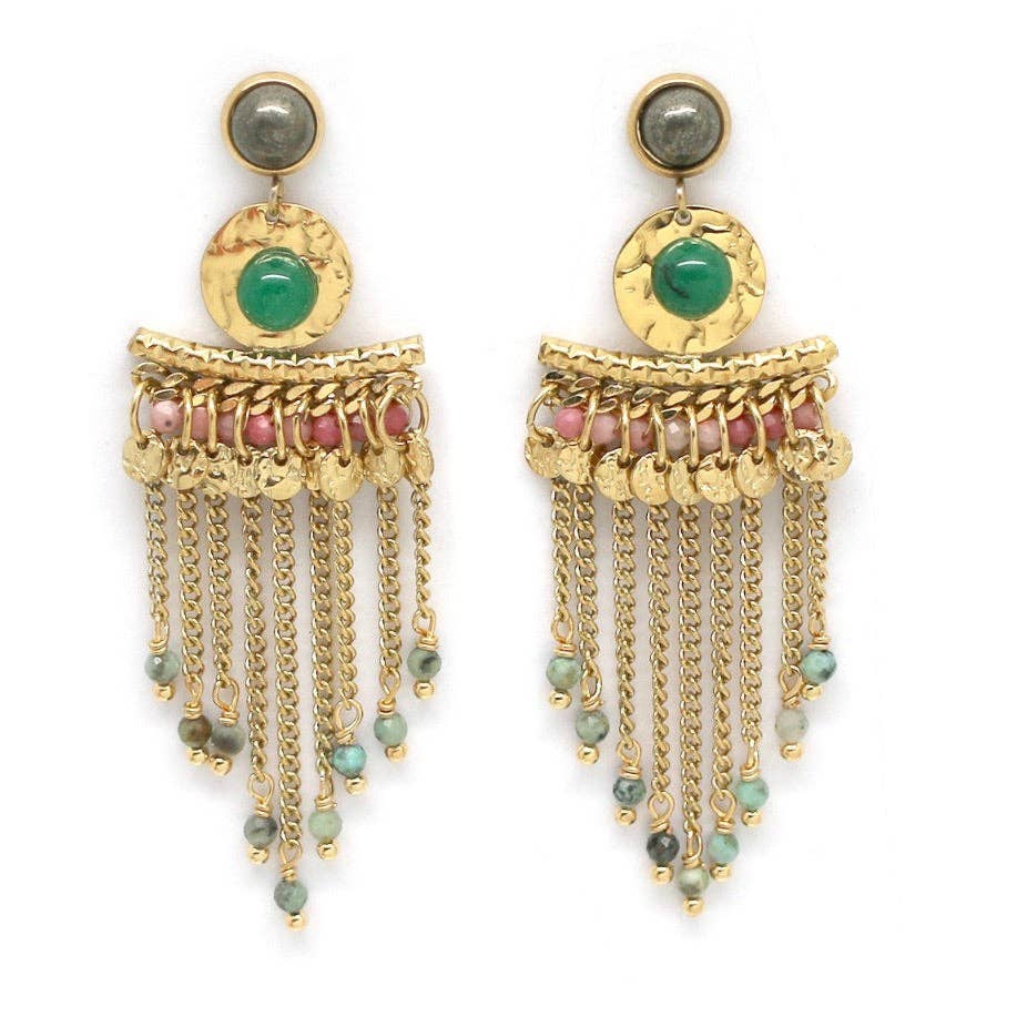 Semi Precious Stone Fringe Dangle Earrings - E4-309