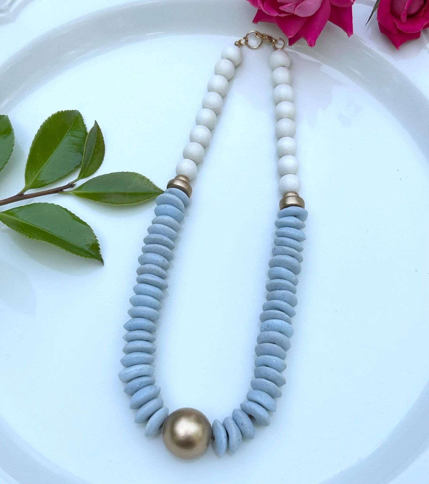 Baby blue and white beaded statement necklace UNC game day